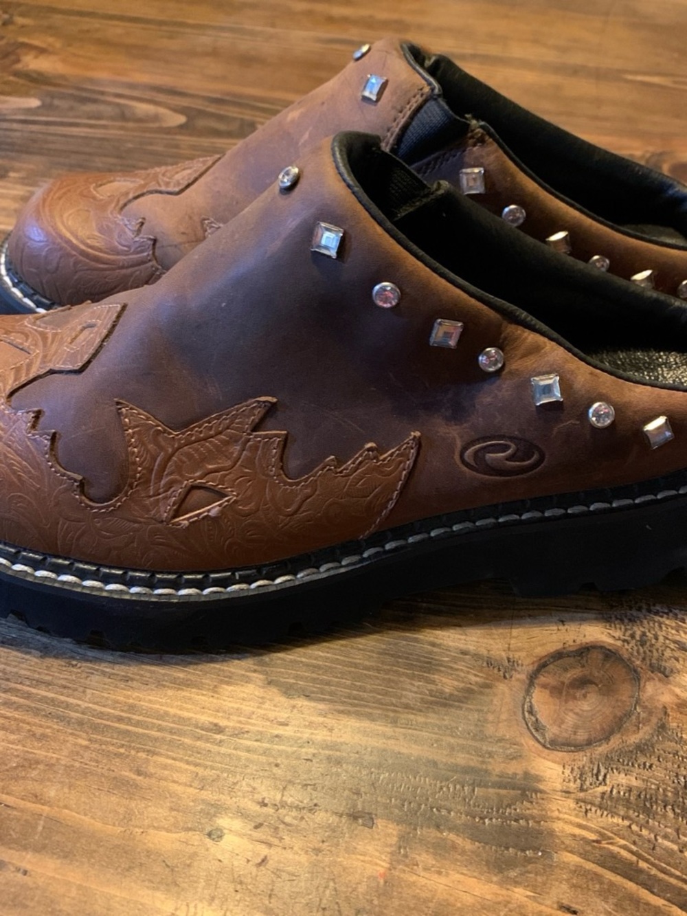 Roper Brown Studded Leather Women's Clog Mules